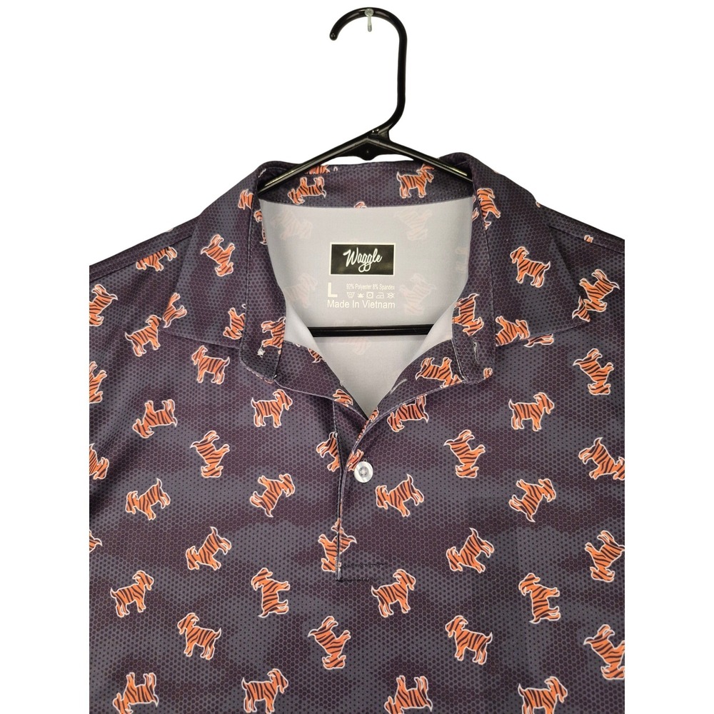 Waggle Golf Men Tiger Goat Polo Shirt Grey Orange Short Sleeve Stretch Large